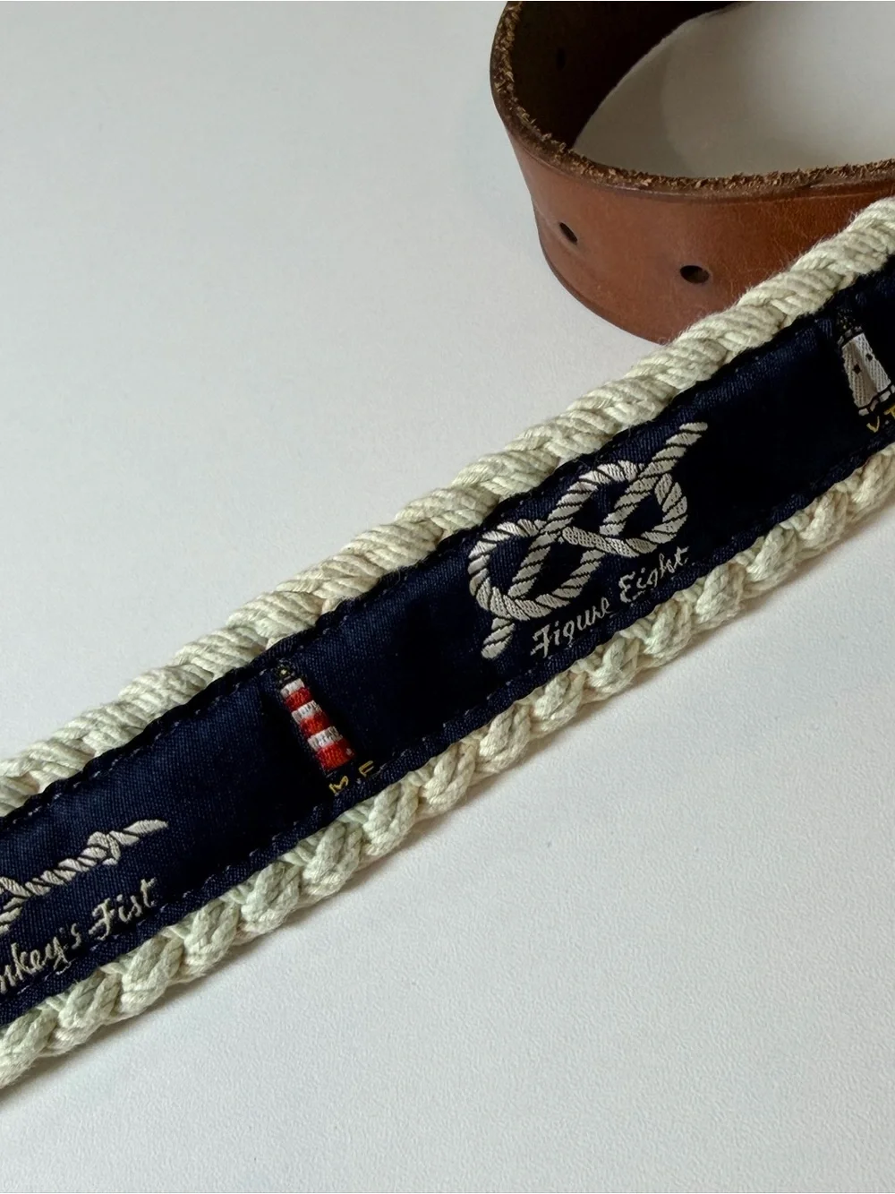 Polo Ralph Lauren 32W RARE Nautical Rope-Trim Leather Belt Preppy Canvas Trad